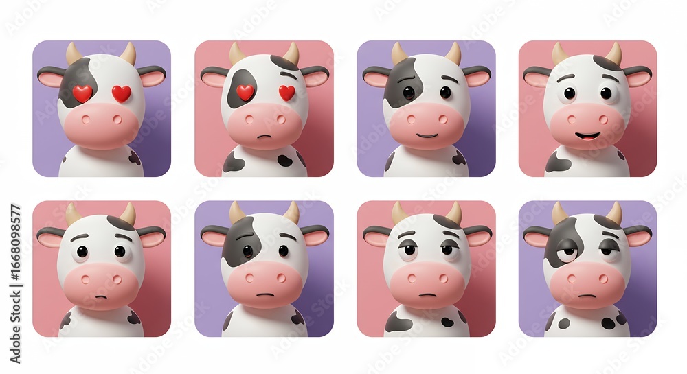 Obraz premium Cartoon cow faces set different emotions