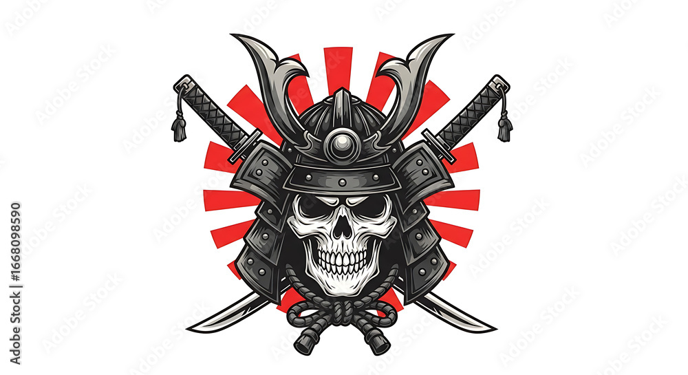 Fototapeta premium A menacing skull adorned with a traditional samurai helmet, crossed with two katana swords, set against a backdrop of radiating red sunbeams.