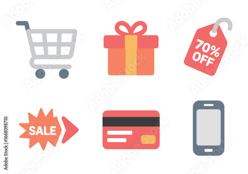 Shopping cart, gift, sale tag, sale icon, credit card, mobile phone