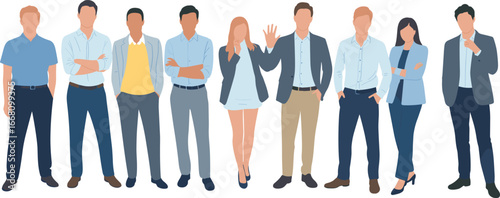 Diverse group of young professionals standing together, casual business attire, teamwork, collaboration, modern office staff, business team, confident and united.