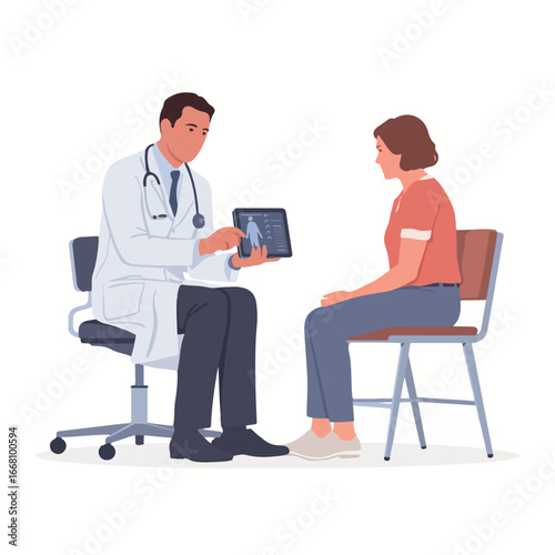 Doctor explaining x ray to patient on tablet during consultation in a medical office setting scene image