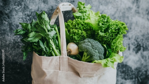Fresh vegetables gathered in a reusable bag against a textured background