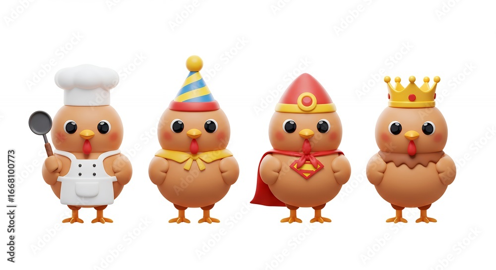 Naklejka premium Four cartoon chicken characters in different costumes