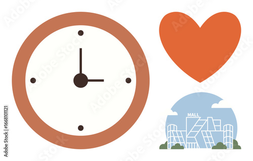 Analog clock indicating time, orange heart for love, and mall building illustration symbolizing shopping. Ideal for time management, affection, retail, commercial design, lifestyle, planning