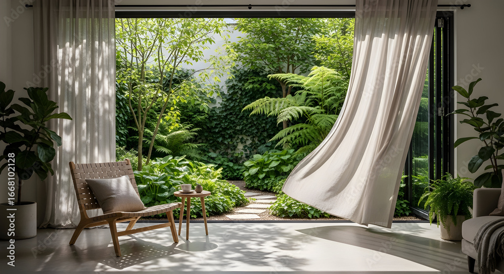 Fototapeta premium Lush Garden View Through Sheer Curtains in a Sunlit Room.