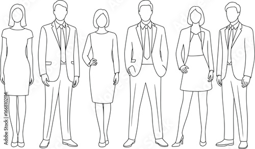 Outline illustration of diverse business professionals standing confidently, wearing formal attire, teamwork, corporate success, leadership, collaboration, modern office, gender equality.