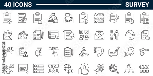 Survey Web Icon Set in Line Style. Collection of feedback Linear Icons, Including question, opinion, satisfaction, opinion, research, review, satisfaction, task, poll, answer and More. Editable Stroke