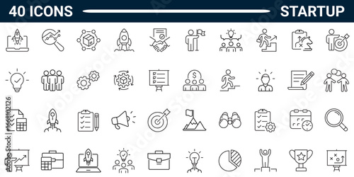 Start up set of web icons in line style. Business startup icons for web and mobile app. Startup project, development, creative idea, target, innovation, marketing, launch business, strategy and more