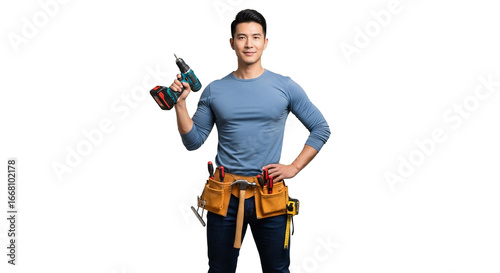 Man in blue shirt holding drill with tool belt and hand on hip posing for the camera isolated