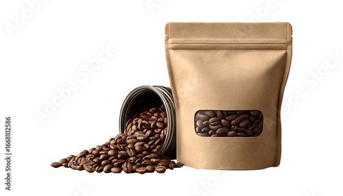 Standard Blank Brown Kraft Paper Bag Filled with Coffee Beans, isolated on transparent background, PNG