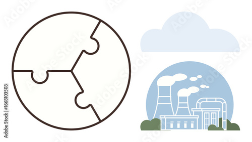 Puzzle-shaped globe next to factory with smokestacks emitting pollution under cloud. Ideal for global warming, industry, sustainability, environment, climate change, energy, ecology. Simple flat