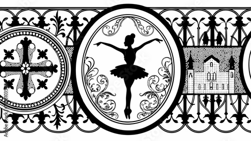 Decorative border with cross, ballerina, and building motifs in black and white intricate design style silhouette