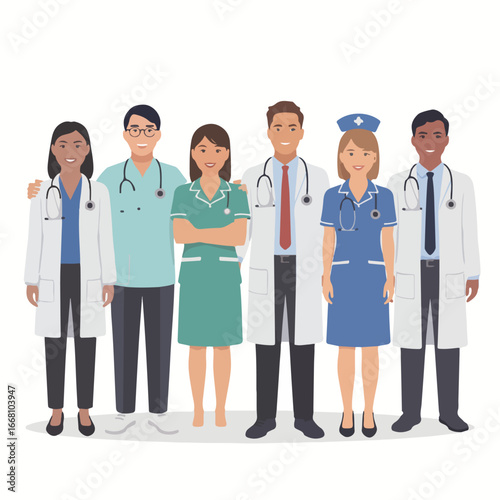 Diverse group of doctors and nurses standing together in a medical team setting with white background