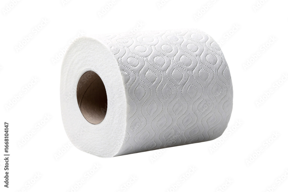 Fototapeta premium White toilet paper roll with decorative quilted diamond pattern, standing upright, isolated on a transparent background