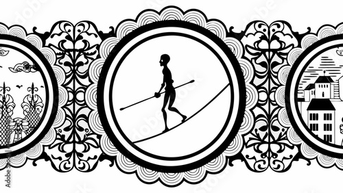 Black and white illustration of a tightrope walker and landscapes in decorative circular frames design silhouette