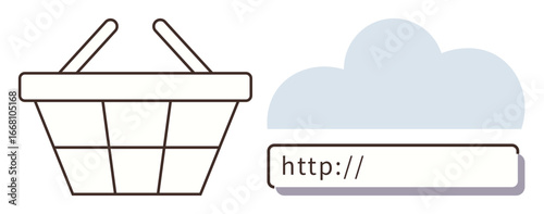 Shopping basket, cloud graphic, and URL bar representing online shopping, e-commerce, cloud services, digital connectivity, website access, business, and convenience in a simple flat metaphor