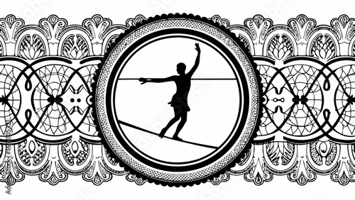 Silhouette of a tightrope walker in a circle frame with decorative lace border in black and white design