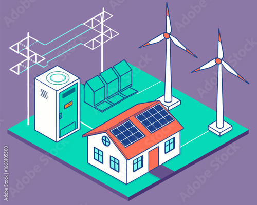Sustainable city isometric concept using microgrid with solar panels, wind energy, and battery storage system illustration.