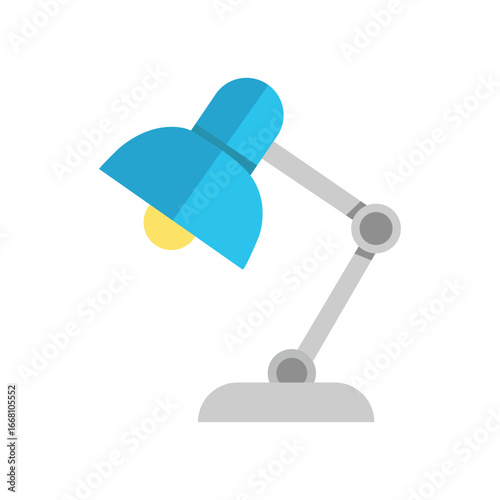 A luminous yellow bulb gleams beneath the sleek, light blue adjustable lamp on white background