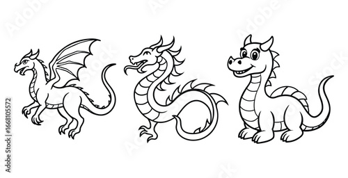 Collection of three distinct dragon illustrations in simple line art style. Includes a winged dragon, a two-headed dragon, and a baby dragon. Perfect for coloring pages, children’s books vector.