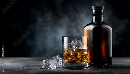 A glass of whiskey with ice and a bottle on a dark background
