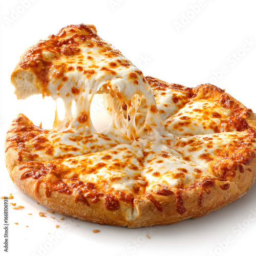 Delicious cheesy pizza with a slice being lifted showing melted cheese strings isolated on white background
