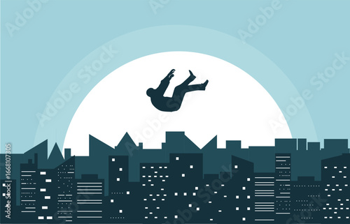 Man Falling from the Sky above the City Silhouette. Business and finances, people and financial problems vector art