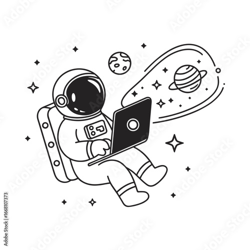 Astronaut working on laptop in space with planets and stars around celestial connection