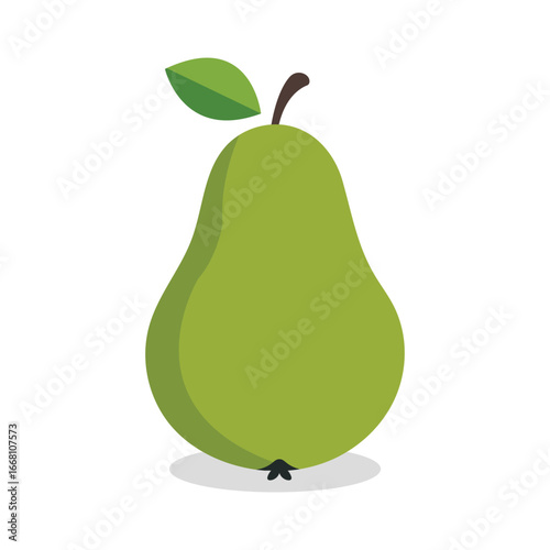 Single green pear stands vertically with its small leaf against a white background