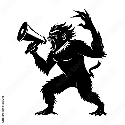 Creative silhouette vector of ape using megaphone to pitch mobile app, symbolizing innovation, business communication, digital startup promotion.