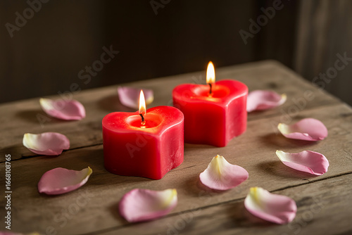 Red heart candles with pink petals pink rose petals
