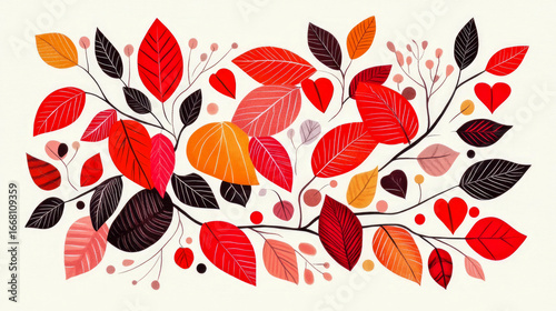 Stylized autumn foliage design with vibrant red and orange leaves, dark branches, pink berries, and charming heart-shaped accents on light background, conveying warmth and affection