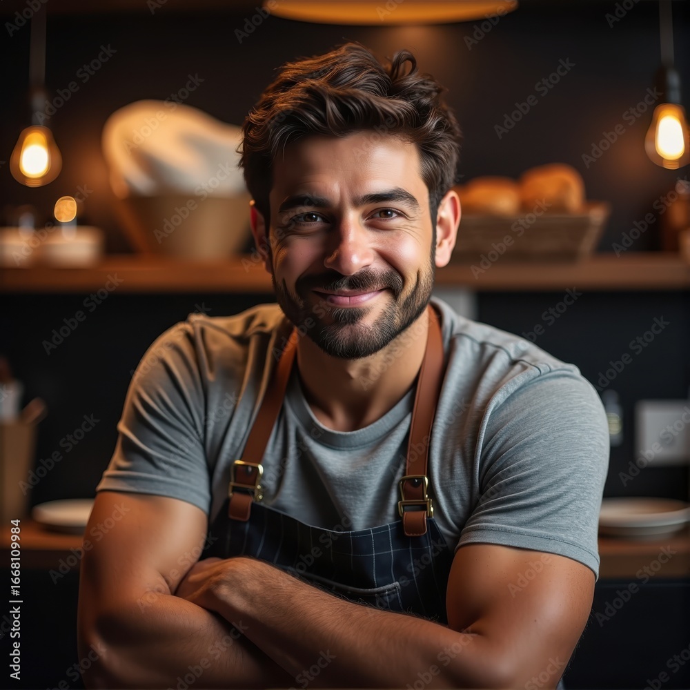 Fototapeta premium Bakery cafe and male owner for business portrait and smile for small scale restaurant and service kitchen pastry and baker for entrepreneur in hospitality shop and man for food industr : generative ai