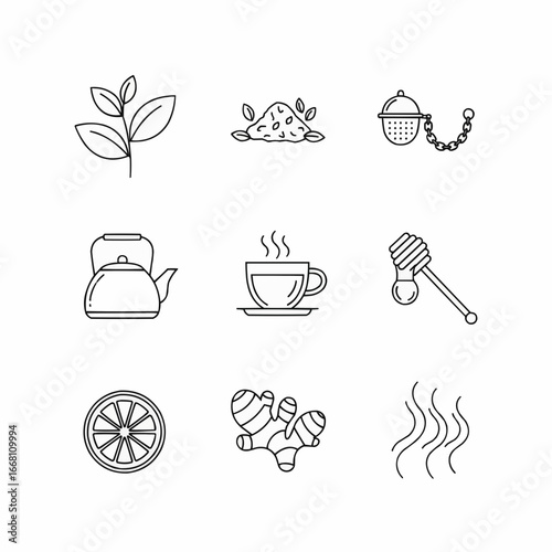 Set of line-style illustrations featuring tea leaves, teacup, kettle, honey, and lemon slice.