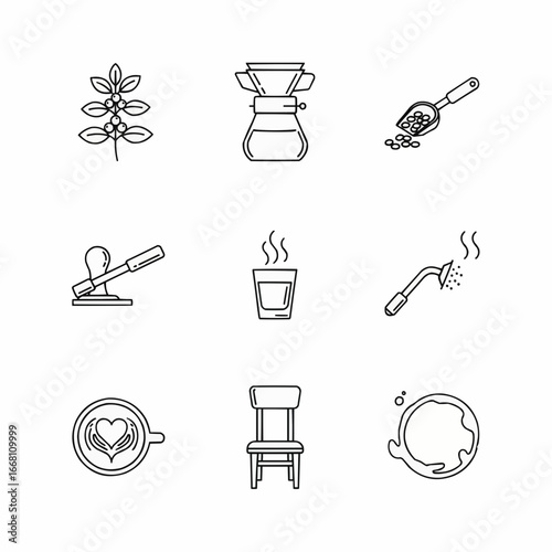 Collection of Coffee and Brewing Related Line Art Icons