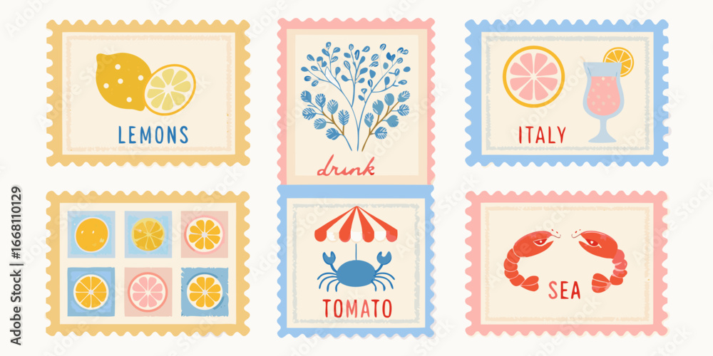 Fototapeta premium Collection of Summer Themed Stamps with Fruits Seafood and Drinks Illustrations