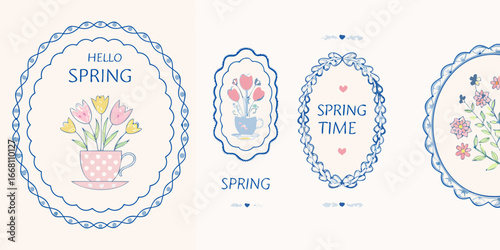 Charming Springtime Floral Illustrations with Delicate Borders and Pastel Colors