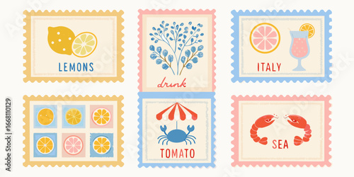 Collection of Summer Themed Stamps with Fruits Seafood and Drinks Illustrations