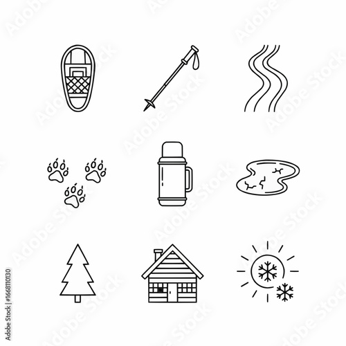 Set of Winter Hiking and Camping Minimalist Line Style Illustrations