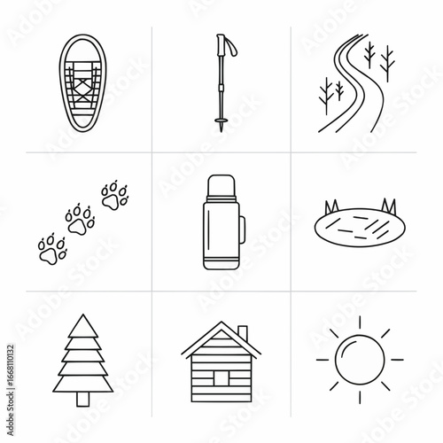Set of Winter Hiking and Camping Minimalist Line Style Illustrations