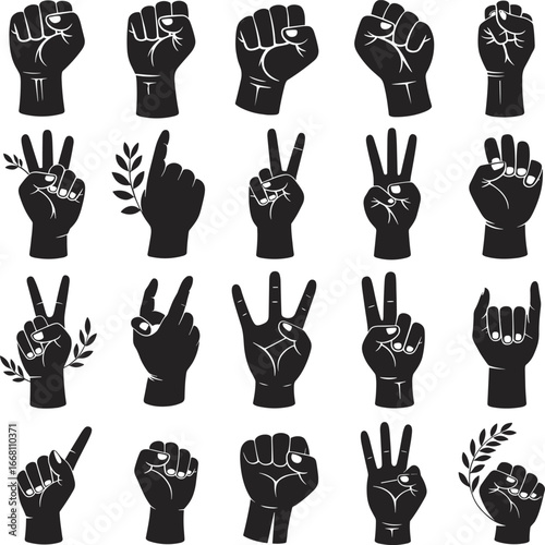 Black silhouette hand gestures collection, peace sign, victory symbol, fingers counting, unity, protest fist, finger signals, communication icon, graphic illustration.