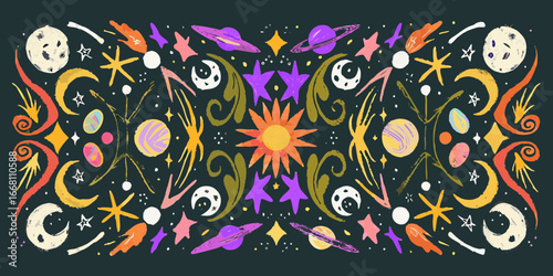 Hand drawn celestial pattern with planets stars moons and sun illustration