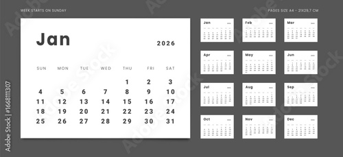 2026 Calendar Planner Set of new Template 12 Monthly Page for Corporate or Personal use. Vector layout minimalist of a wall or desk organizer with week start Sunday for print. Page for size A4-21x29.7