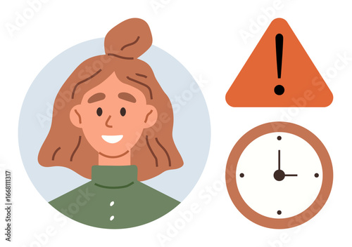 Smiling woman portrait alongside an exclamation warning sign and a clock symbolizing alertness, urgency, and time management. Ideal for productivity, time tracking, deadlines, awareness, warnings
