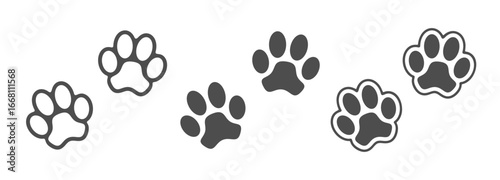 Pet paw prints graphic icons set. Pet paws signs isolated on white background. Vector illustration