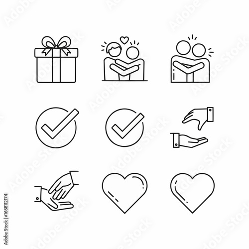 Vector icons displaying symbols of kindness, love, care, and goodwill alongside gift-giving and caring gestures 