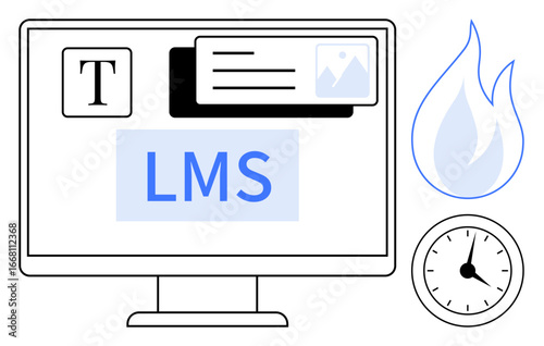 Computer screen displaying LMS interface with text, media icons, clock, and flame. Ideal for education, e-learning, time management, productivity, multimedia digital content simple flat metaphor