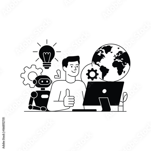 Man with robot and globe at computer inspiring future technology and innovation