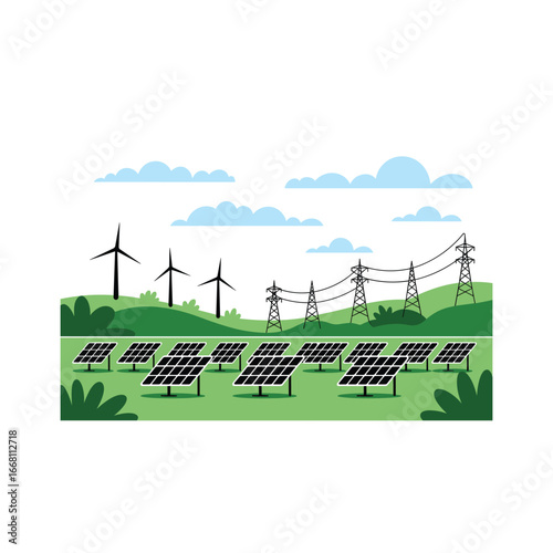 Sustainable energy landscape featuring solar panels and wind turbines generating clean power amid green rolling hills