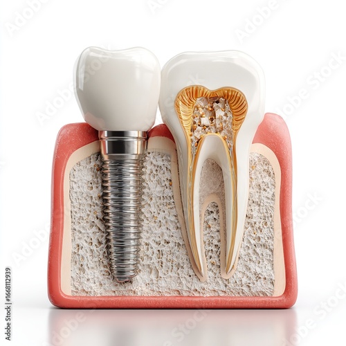 Dental implant replacing a natural tooth inside gums and jaw bone